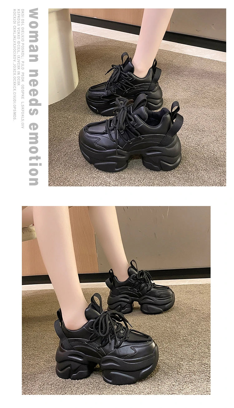 Black Women Chunky Leather Sneakers High Platform Ulzzang Sports Shoes New 2022 Autumn Thick Bottom Women's Wedge Casual Shoes