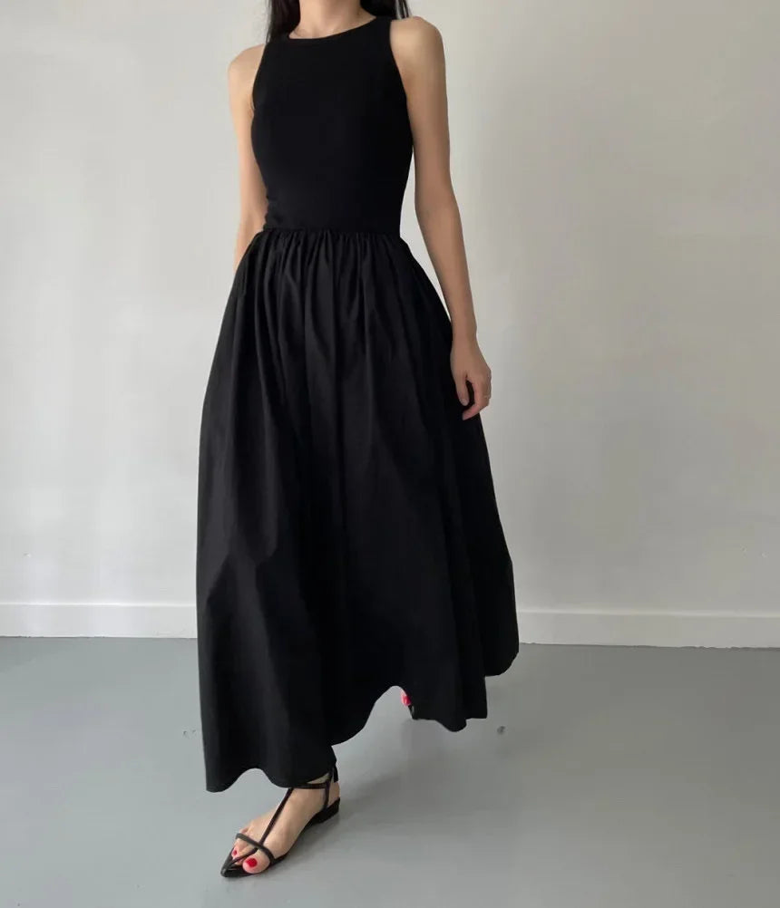 New Summer Simple Elegant Black Long Dresses For Women Round Neck Sleeveless High Waist Temperament Female Fashion Style Dress