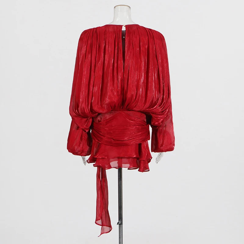 TWOTWINSTYLE Elegant Ruched Mini Dress For Women Round Neck Lantern Long Sleeve High Waist Temperament Dresses Female Fashion