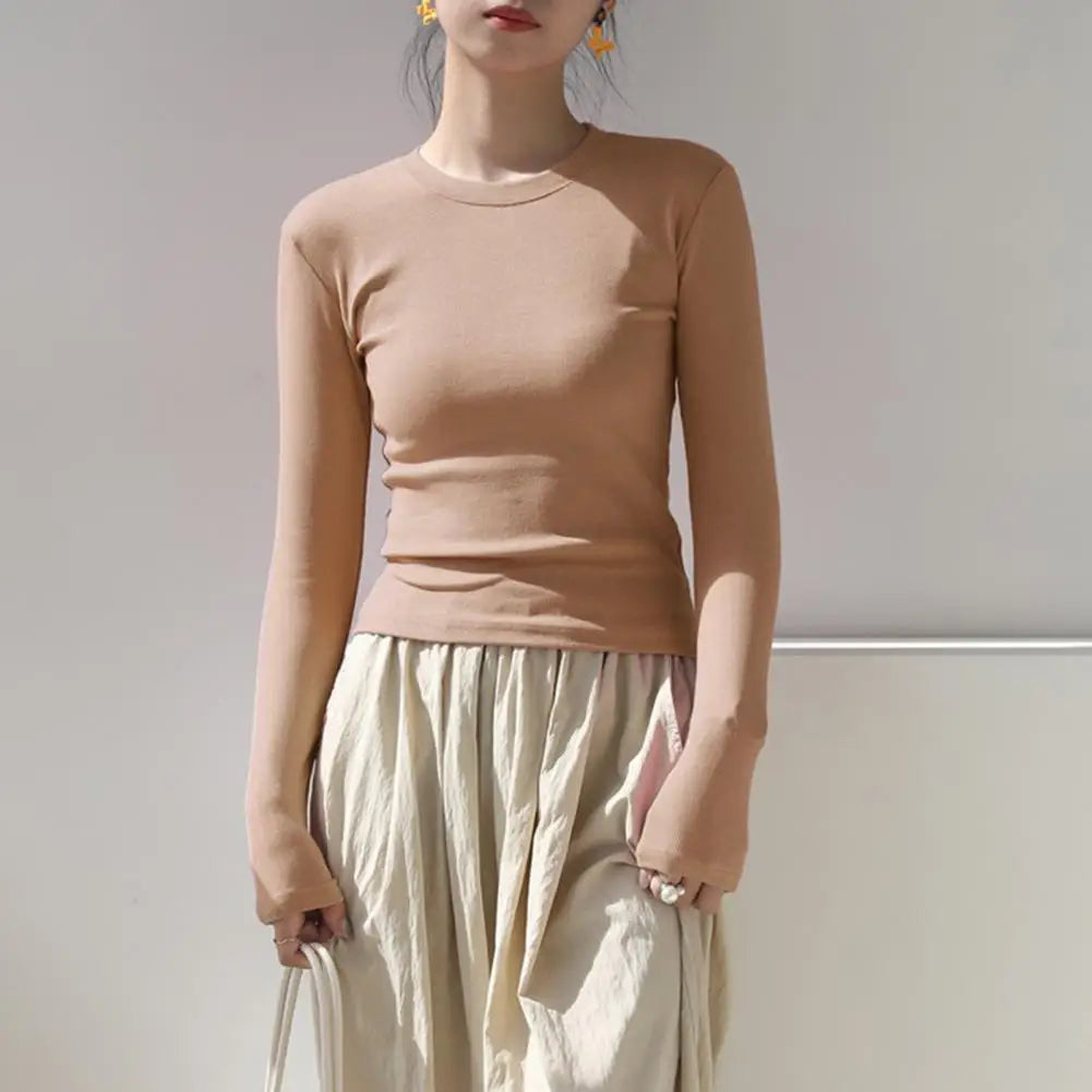 Women T-shirt Sexy Cropped Tops Solid Color Cotton Tee Shirt Autumn Casual Skinny Slim Basic T Shirts Bottom Long Sleeved Tops