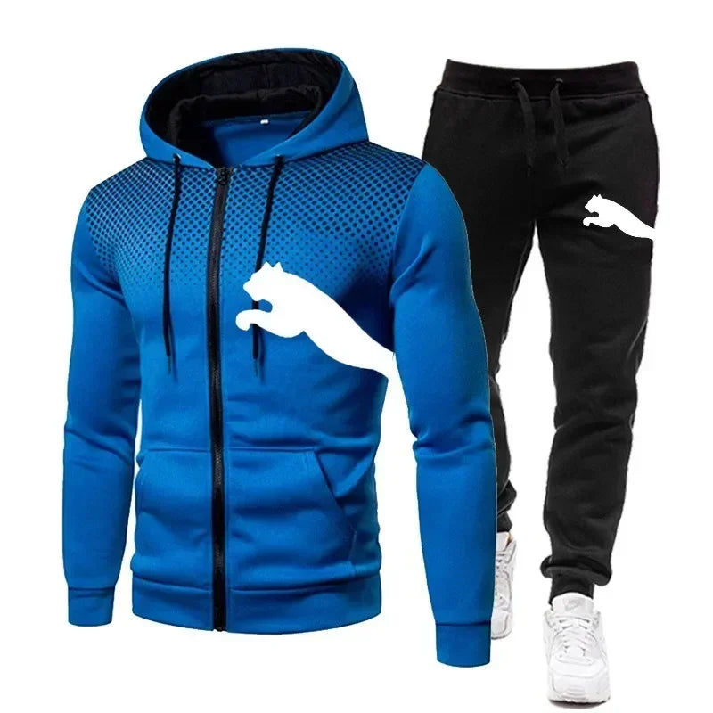 Autumn and winter casual men's sportswear set, fashionable outdoor jogging training men's hoodie jacket + pants 2-piece set