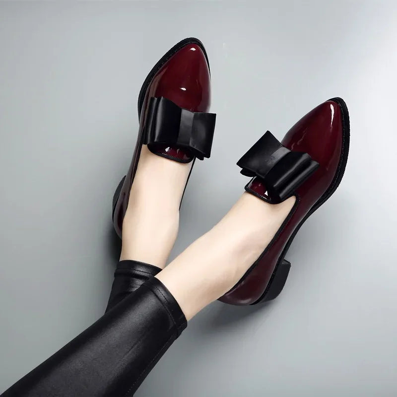 2025 Women's Loafers Bow Decor Pointed Toe Flat Shoes for Women Patent Leather Shallow Mouth Commuter Casual Zapatillas De Mujer