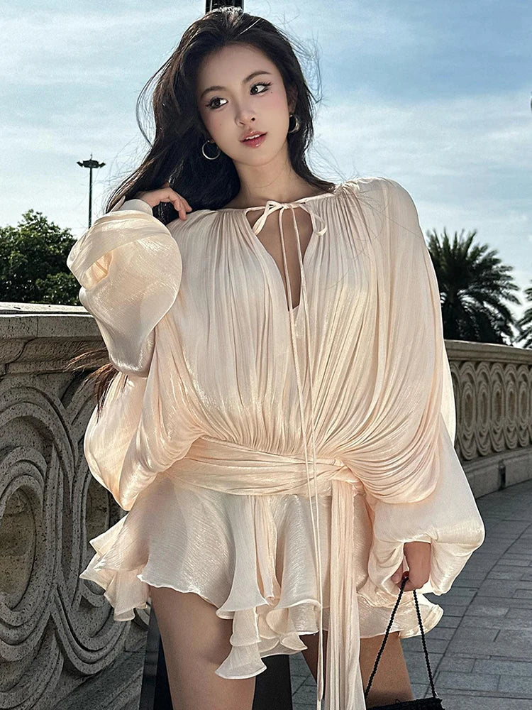 TWOTWINSTYLE Elegant Ruched Mini Dress For Women Round Neck Lantern Long Sleeve High Waist Temperament Dresses Female Fashion
