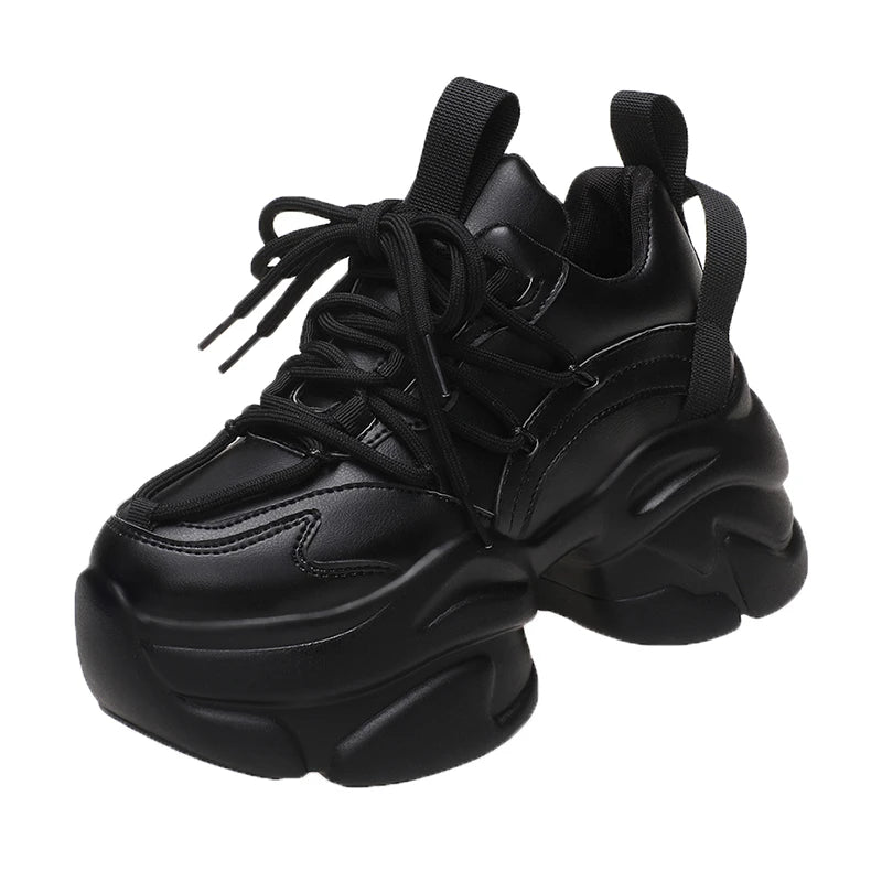 Black Women Chunky Leather Sneakers High Platform Ulzzang Sports Shoes New 2022 Autumn Thick Bottom Women's Wedge Casual Shoes