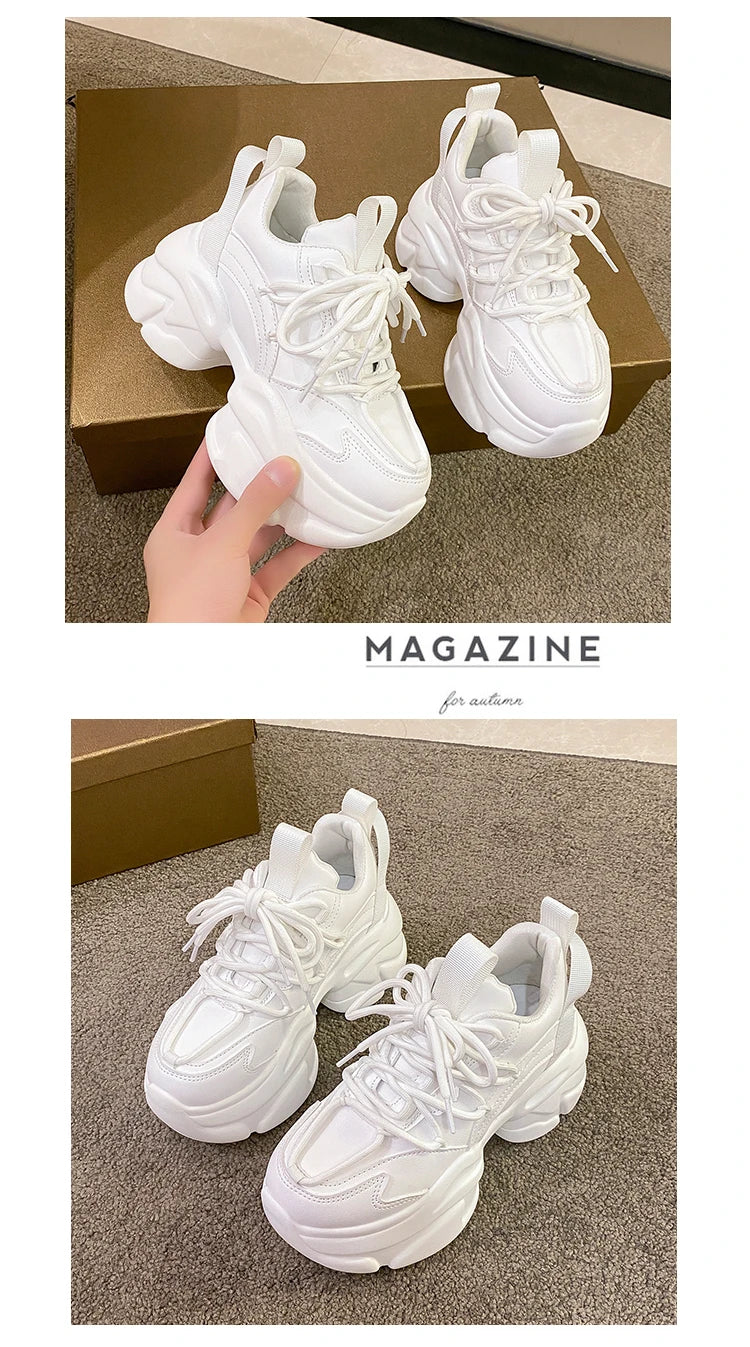 Black Women Chunky Leather Sneakers High Platform Ulzzang Sports Shoes New 2022 Autumn Thick Bottom Women's Wedge Casual Shoes