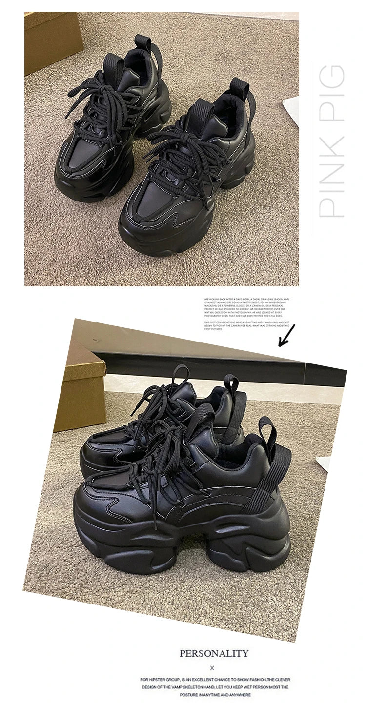 Black Women Chunky Leather Sneakers High Platform Ulzzang Sports Shoes New 2022 Autumn Thick Bottom Women's Wedge Casual Shoes