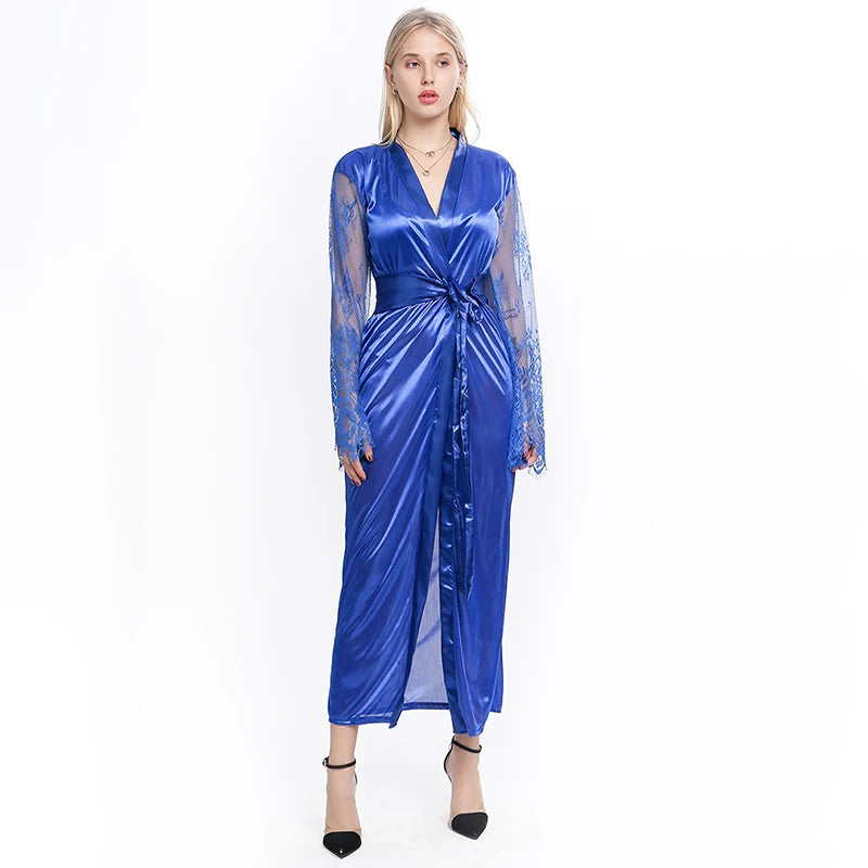 Womens Nightdress Sexy Long Lace Lingerie Nightwear Bath Robe Gown Imitation Ice Silk Nightdress Solid Color Nightgown