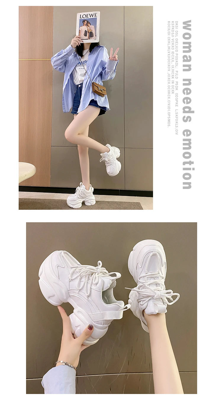 Black Women Chunky Leather Sneakers High Platform Ulzzang Sports Shoes New 2022 Autumn Thick Bottom Women's Wedge Casual Shoes