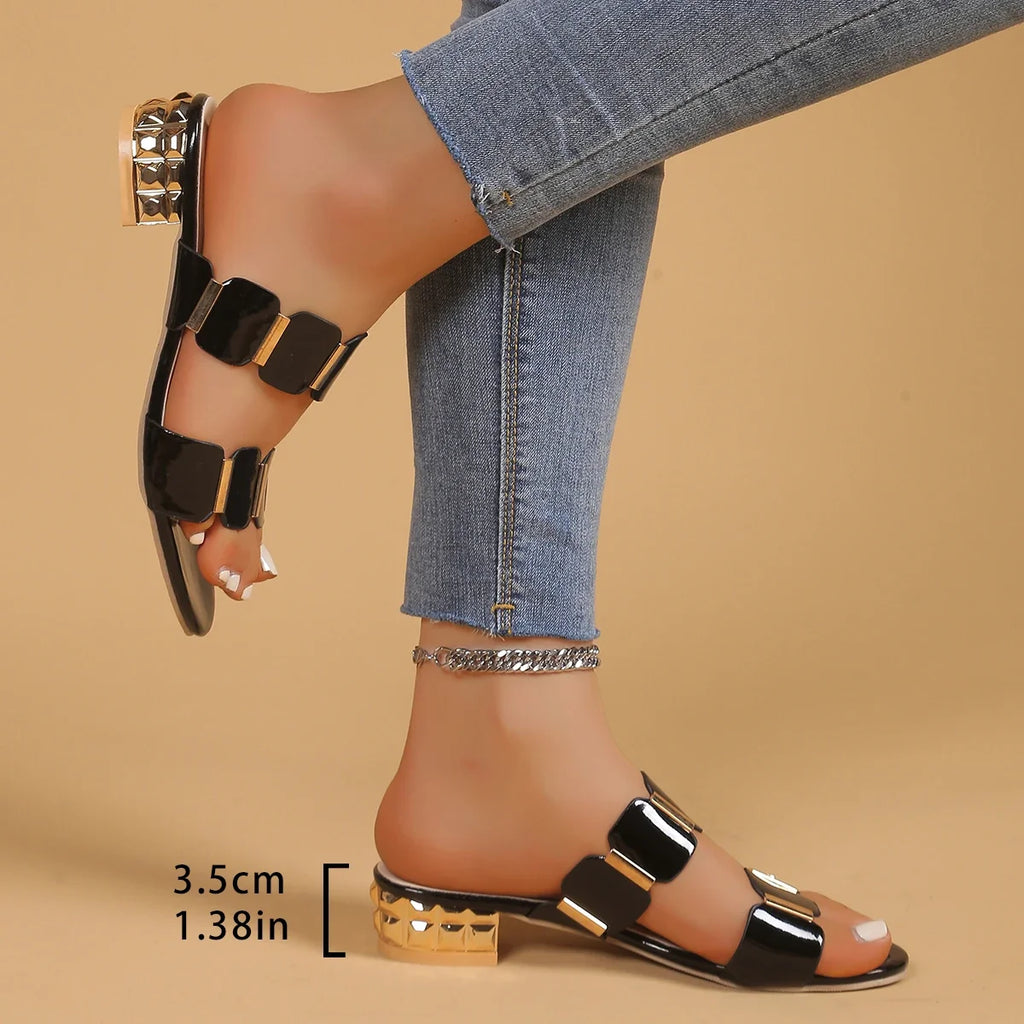 Women's Shoes 2025 Fashion Open Toe Women's Slippers Summer Square Heel Shoes Ladies Metal Decor Sexy Slippers Female PU Sandals