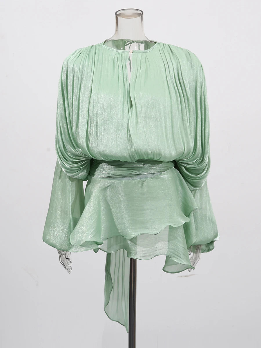 TWOTWINSTYLE Elegant Ruched Mini Dress For Women Round Neck Lantern Long Sleeve High Waist Temperament Dresses Female Fashion