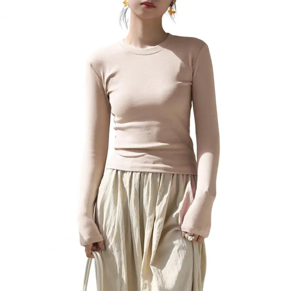 Women T-shirt Sexy Cropped Tops Solid Color Cotton Tee Shirt Autumn Casual Skinny Slim Basic T Shirts Bottom Long Sleeved Tops