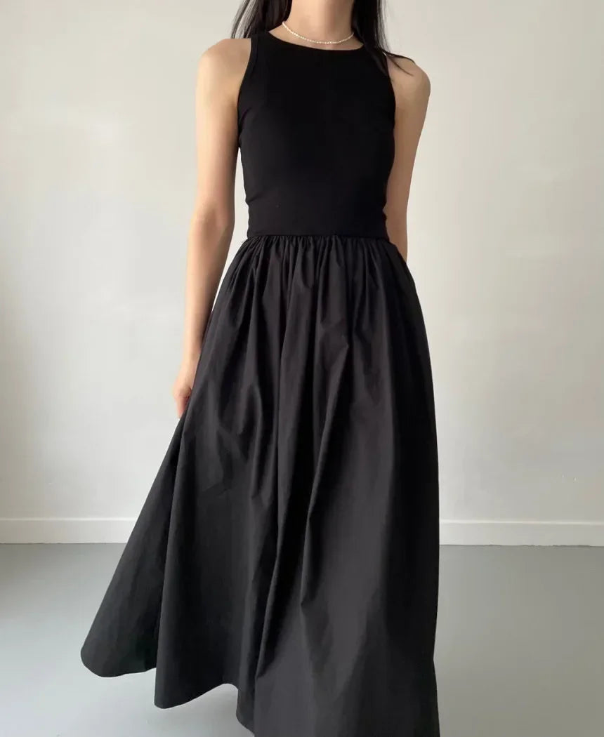 New Summer Simple Elegant Black Long Dresses For Women Round Neck Sleeveless High Waist Temperament Female Fashion Style Dress