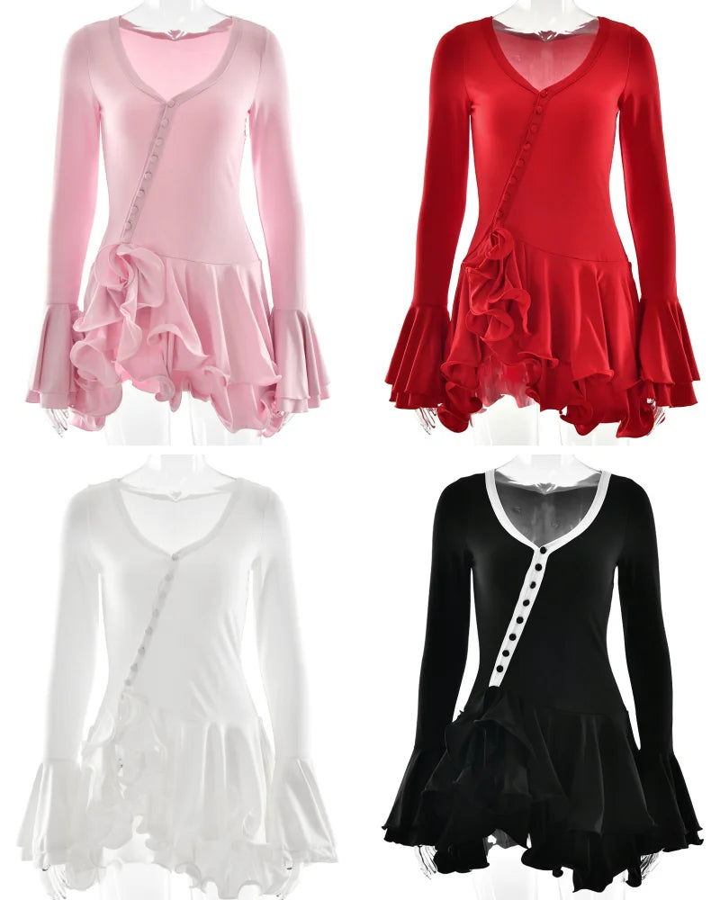 Absobe Women's A-Line Bodycon Mini Dress Ruffle Hem V-Neck Asymmetrical Buttons Long Sleeve Short Dress Party Streetwear Outfits