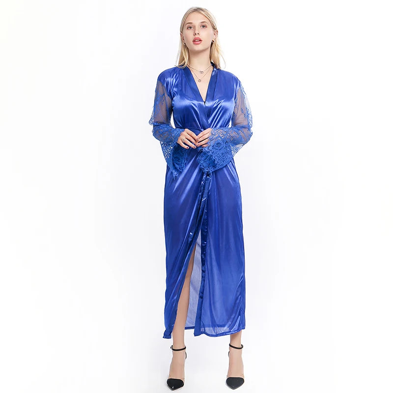 Womens Nightdress Sexy Long Lace Lingerie Nightwear Bath Robe Gown Imitation Ice Silk Nightdress Solid Color Nightgown