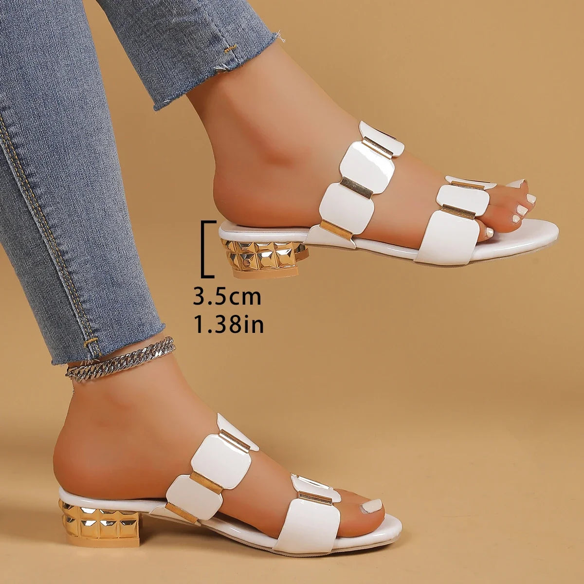 Women's Shoes 2025 Fashion Open Toe Women's Slippers Summer Square Heel Shoes Ladies Metal Decor Sexy Slippers Female PU Sandals