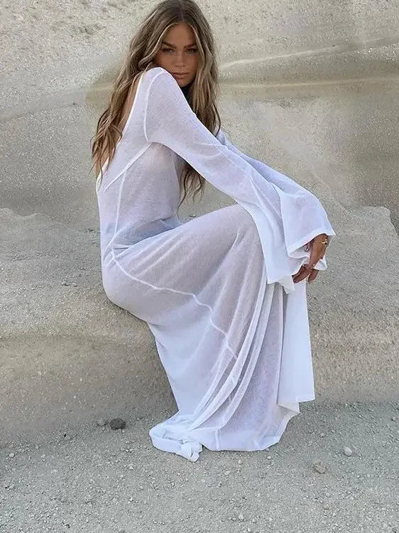 White Backless See-through Long Dress Women's Summer Slim High Waist Spliced Long Sleeve Solid Color Beach Long Dress