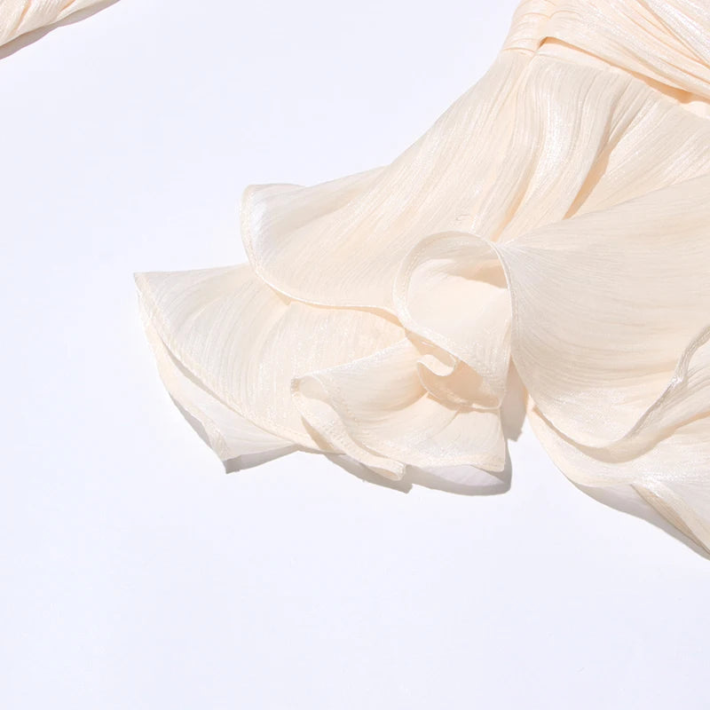 TWOTWINSTYLE Elegant Ruched Mini Dress For Women Round Neck Lantern Long Sleeve High Waist Temperament Dresses Female Fashion