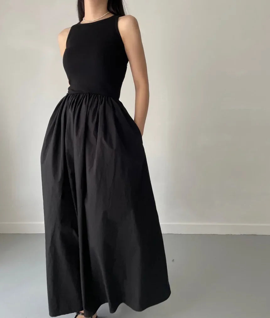 New Summer Simple Elegant Black Long Dresses For Women Round Neck Sleeveless High Waist Temperament Female Fashion Style Dress