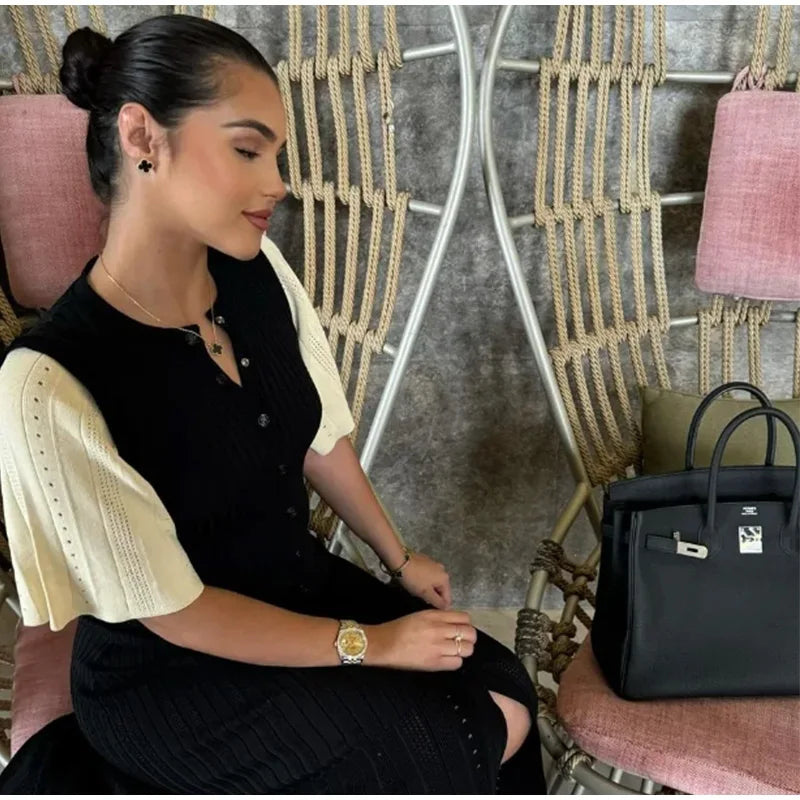 Elegant Knitted Dress Women Solid Single Breasted O Neck Short Sleeve High Waist Hip Package Dresses 2025 Autumn Chic Robes Lady