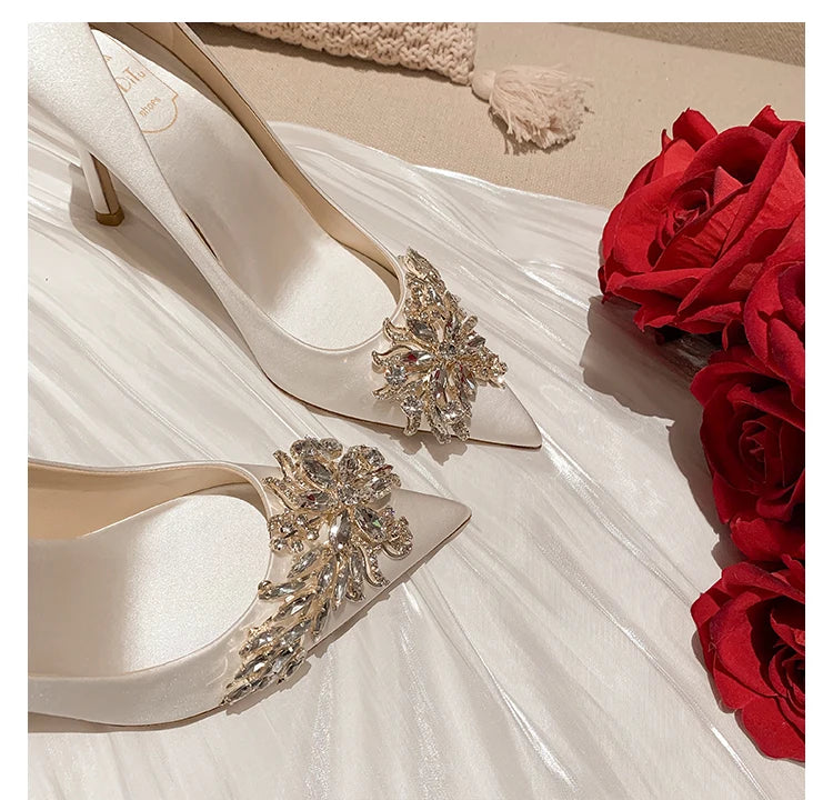 Maogu Satin Rhinestone Crystal Shallow Pumps Stiletto High Heel Luxury Women's Shoe 2023 Spring White Women Bridal Wedding Shoes