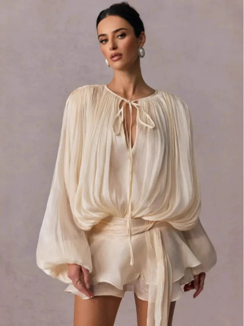 Beige Top Solid Blouse Mini Dresses For Women V Neck Long Sleeve Spliced Lace Up Sweet Style Dress Female Clothing Fashion  P7WI