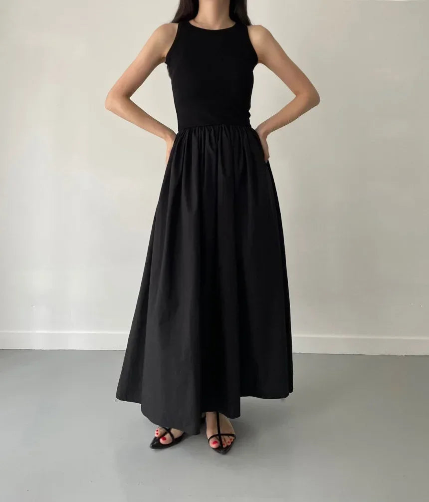 New Summer Simple Elegant Black Long Dresses For Women Round Neck Sleeveless High Waist Temperament Female Fashion Style Dress