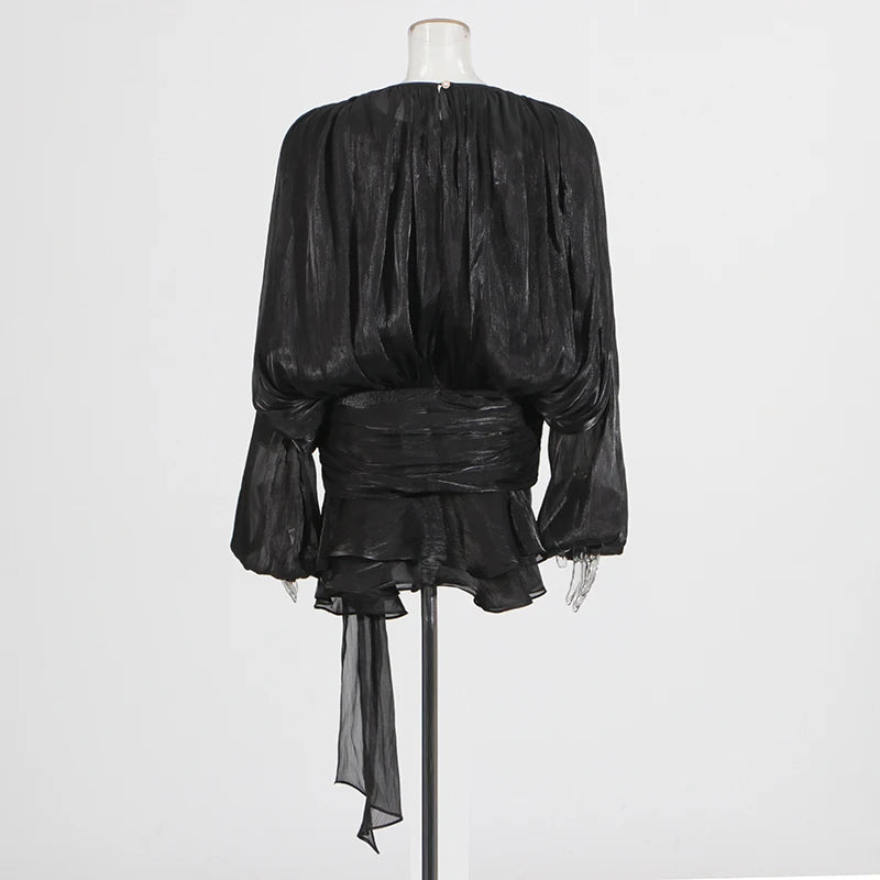 TWOTWINSTYLE Elegant Ruched Mini Dress For Women Round Neck Lantern Long Sleeve High Waist Temperament Dresses Female Fashion