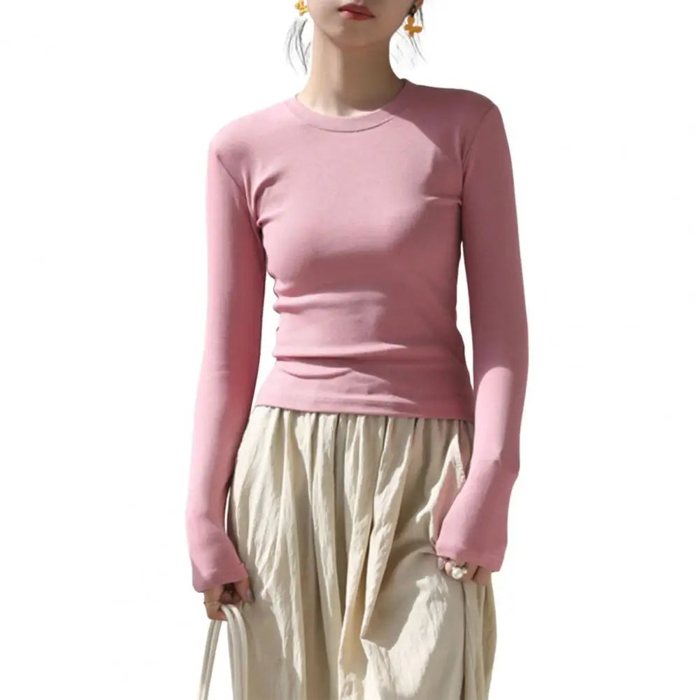 Women T-shirt Sexy Cropped Tops Solid Color Cotton Tee Shirt Autumn Casual Skinny Slim Basic T Shirts Bottom Long Sleeved Tops