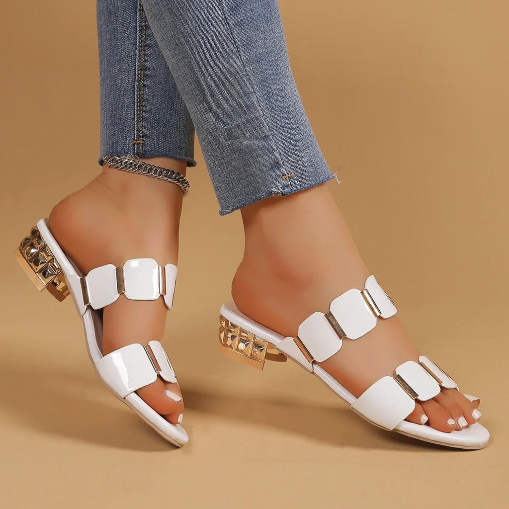Women's Shoes 2025 Fashion Open Toe Women's Slippers Summer Square Heel Shoes Ladies Metal Decor Sexy Slippers Female PU Sandals