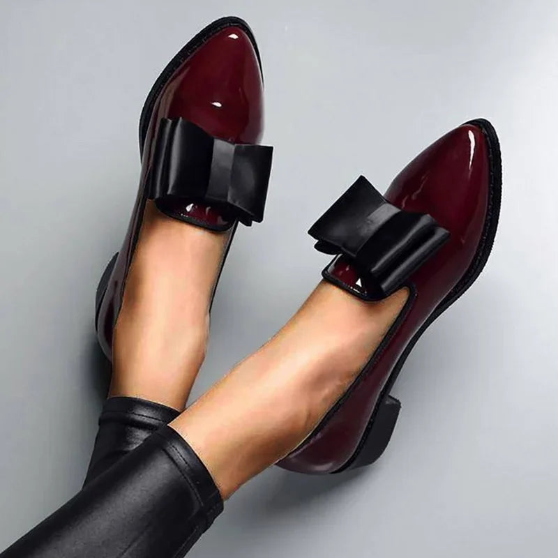 2025 Women's Loafers Bow Decor Pointed Toe Flat Shoes for Women Patent Leather Shallow Mouth Commuter Casual Zapatillas De Mujer