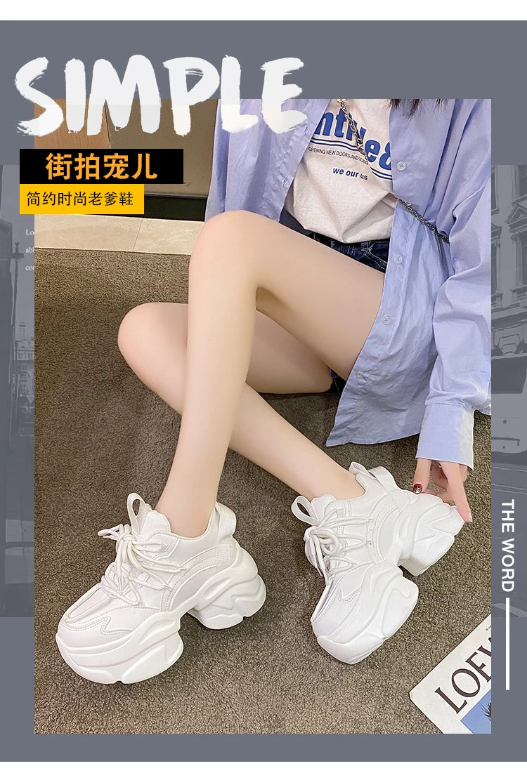 Black Women Chunky Leather Sneakers High Platform Ulzzang Sports Shoes New 2022 Autumn Thick Bottom Women's Wedge Casual Shoes