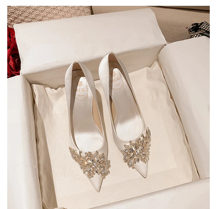 Maogu Satin Rhinestone Crystal Shallow Pumps Stiletto High Heel Luxury Women's Shoe 2023 Spring White Women Bridal Wedding Shoes