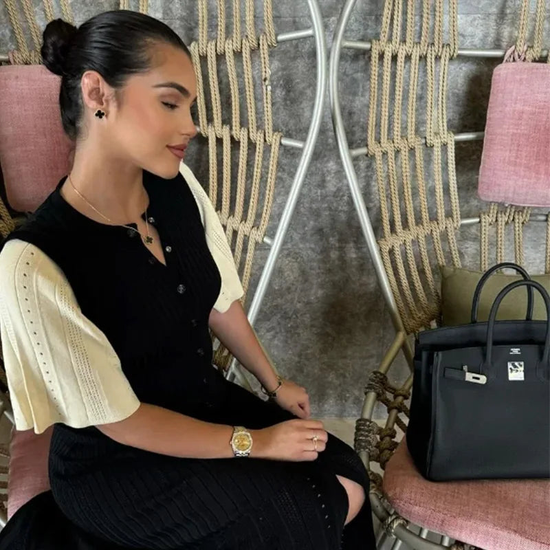 Elegant Knitted Dress Women Solid Single Breasted O Neck Short Sleeve High Waist Hip Package Dresses 2025 Autumn Chic Robes Lady