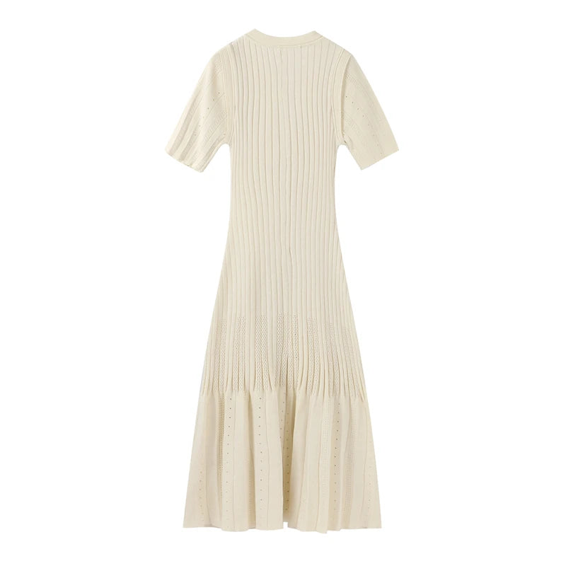 Elegant Knitted Dress Women Solid Single Breasted O Neck Short Sleeve High Waist Hip Package Dresses 2025 Autumn Chic Robes Lady