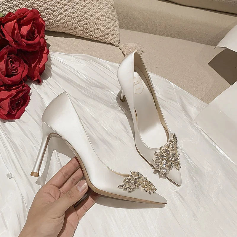 Maogu Satin Rhinestone Crystal Shallow Pumps Stiletto High Heel Luxury Women's Shoe 2023 Spring White Women Bridal Wedding Shoes