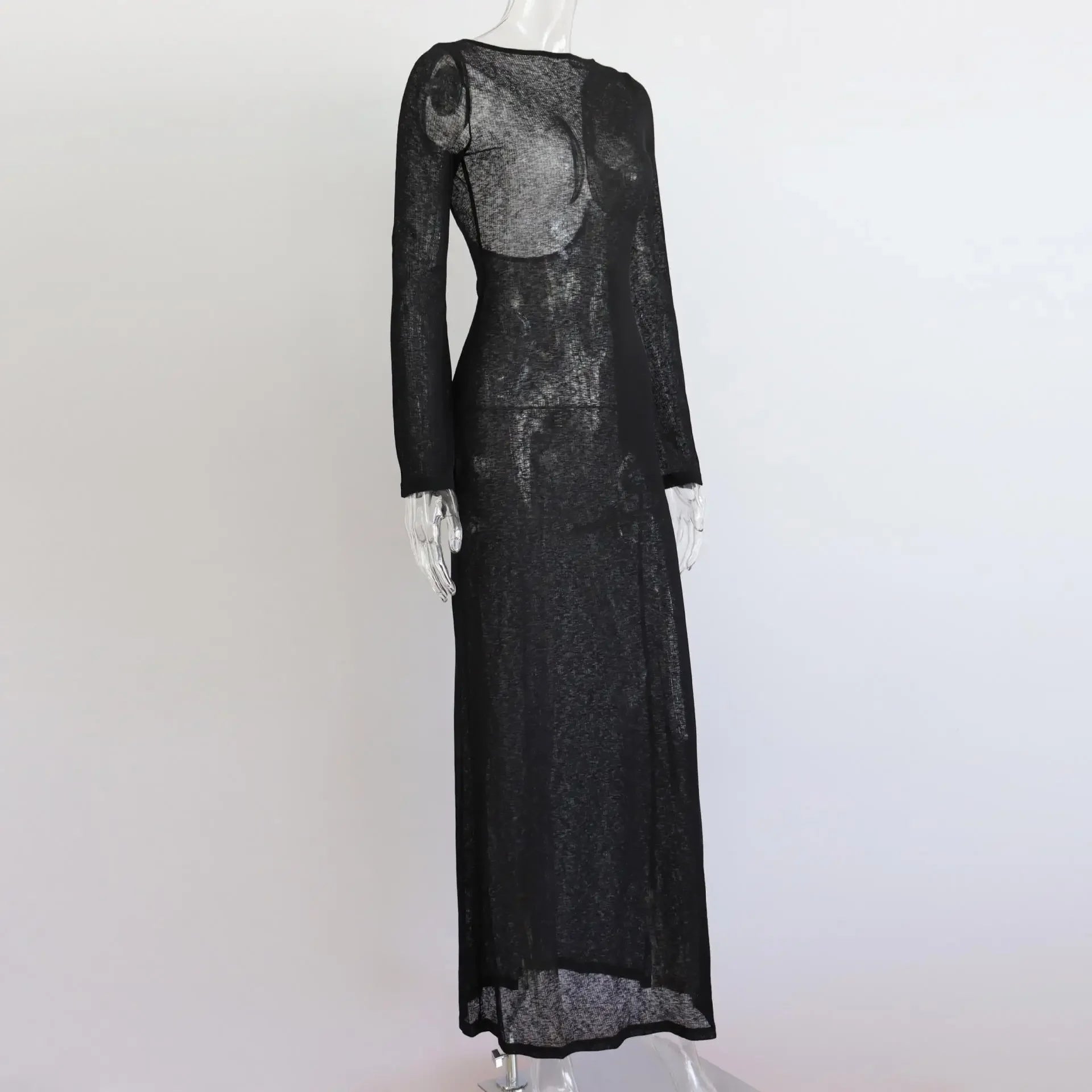 White Backless See-through Long Dress Women's Summer Slim High Waist Spliced Long Sleeve Solid Color Beach Long Dress