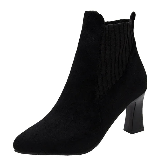 Ankle Boots Women Autumn Pointed Toe Knitted Warm Elastic Women's Shoes Shoes Casual High Heels Platform Boots - Real fashion