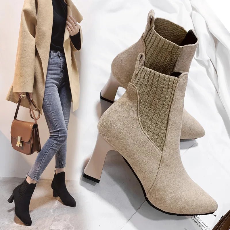 Ankle Boots Women Autumn Pointed Toe Knitted Warm Elastic Women's Shoes Shoes Casual High Heels Platform Boots - Real fashion