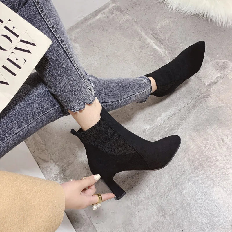 Ankle Boots Women Autumn Pointed Toe Knitted Warm Elastic Women's Shoes Shoes Casual High Heels Platform Boots - Real fashion