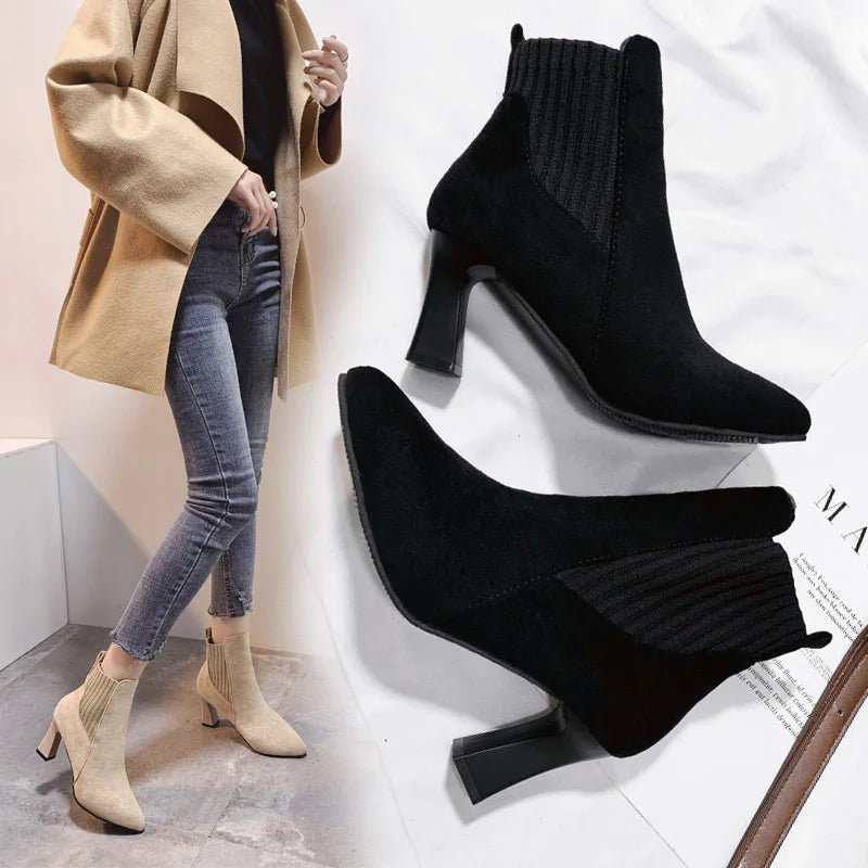 Ankle Boots Women Autumn Pointed Toe Knitted Warm Elastic Women's Shoes Shoes Casual High Heels Platform Boots - Real fashion