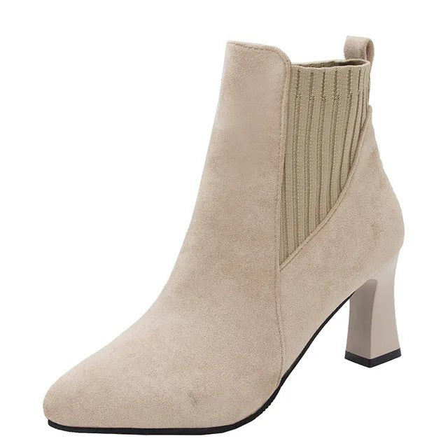 Ankle Boots Women Autumn Pointed Toe Knitted Warm Elastic Women's Shoes Shoes Casual High Heels Platform Boots - Real fashion