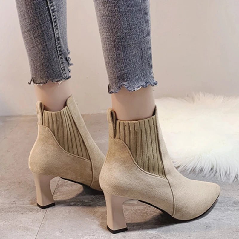 Ankle Boots Women Autumn Pointed Toe Knitted Warm Elastic Women's Shoes Shoes Casual High Heels Platform Boots - Real fashion