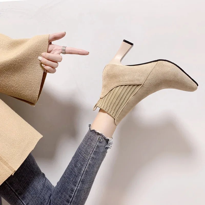 Ankle Boots Women Autumn Pointed Toe Knitted Warm Elastic Women's Shoes Shoes Casual High Heels Platform Boots - Real fashion