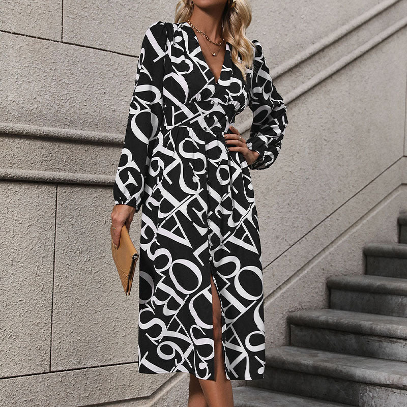 Deep V - neck long sleeved letter printed dress - Real fashion