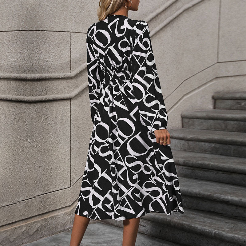 Deep V - neck long sleeved letter printed dress - Real fashion