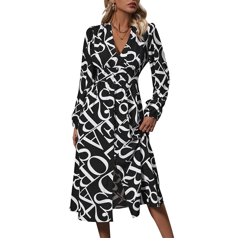 Deep V - neck long sleeved letter printed dress - Real fashion