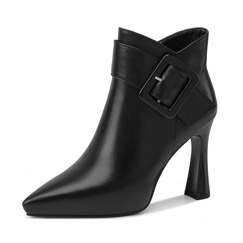 Faux Leather Pointed Toe High Heel Ankle Boots with Buckle Detail for Women - Real fashion