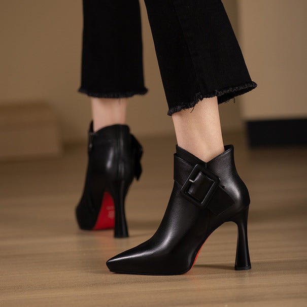 Faux Leather Pointed Toe High Heel Ankle Boots with Buckle Detail for Women - Real fashion