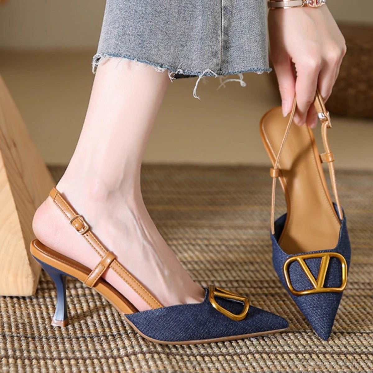 French Shallow Mouth Pointed Toe Stiletto Women's Denim High Heel Sandals Summer Breathable and Leg - lengthening - Real fashion