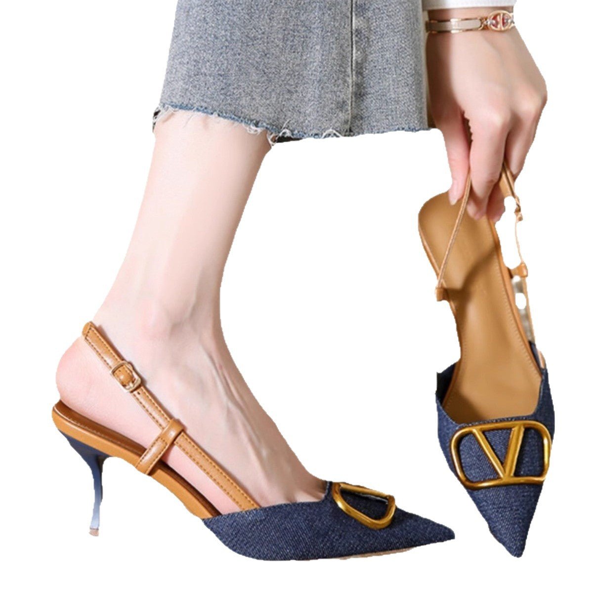 French Shallow Mouth Pointed Toe Stiletto Women's Denim High Heel Sandals Summer Breathable and Leg - lengthening - Real fashion